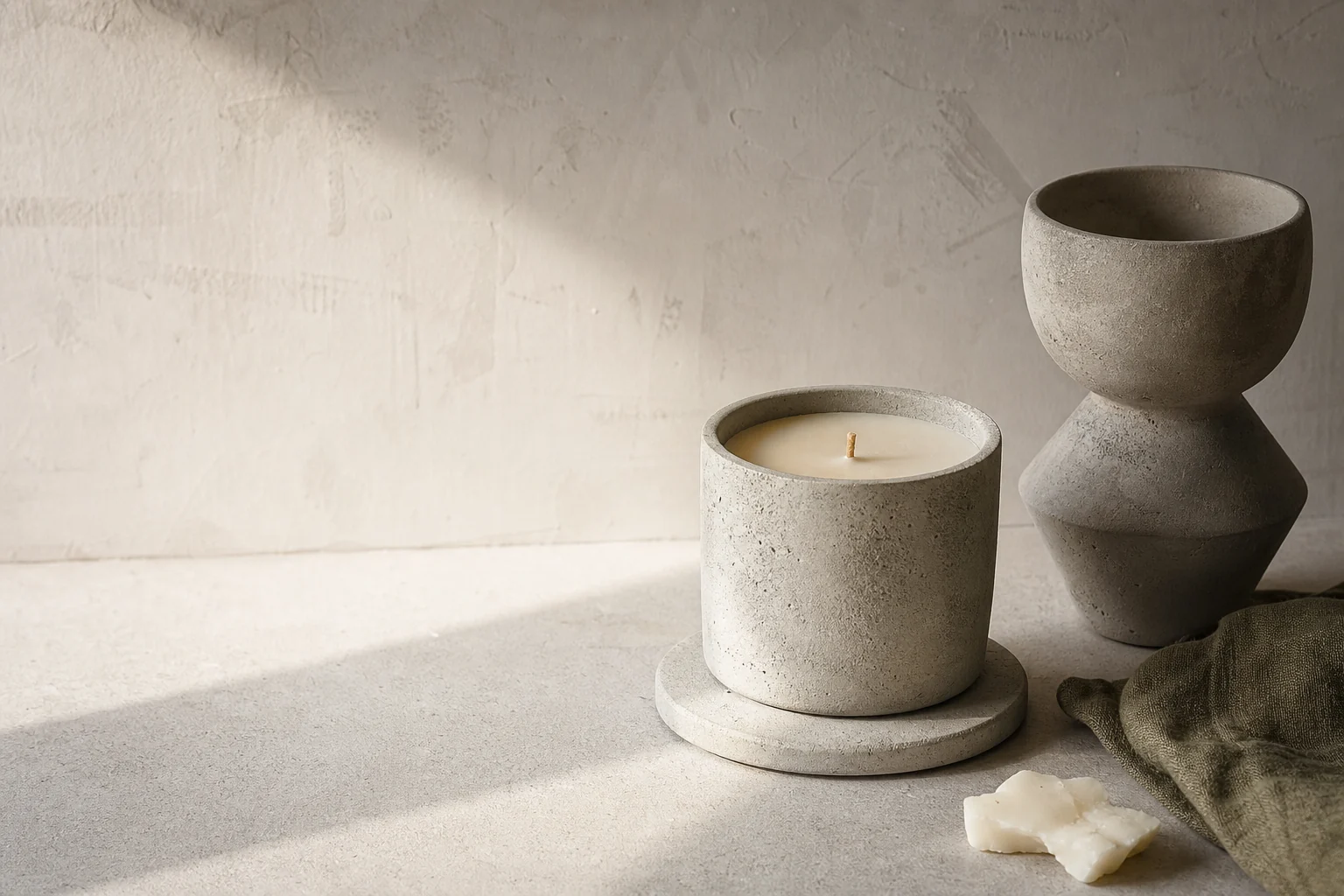 Hand-poured candle in a cast concrete vessel